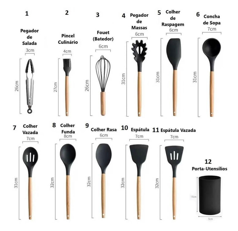 Kit Utensílios de Cozinha Silicone com Cabo de Madeira