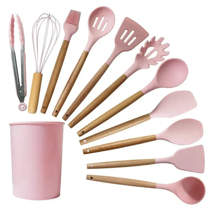 Kit Utensílios de Cozinha Silicone com Cabo de Madeira